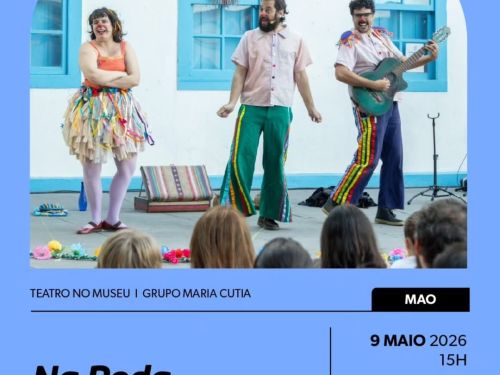 Foto de capa do evento com os integrantes do espetáculo "Na Roda", além de informações sobre local e data do evento