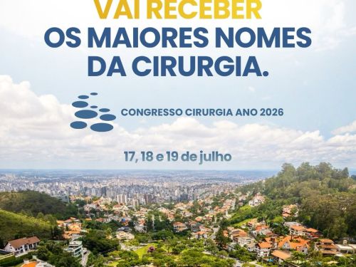 Foto de capa do "congresso cirurgia ano 2026" contendo titulo e data do evento centralizados e escrito de azul e a foto de bh tirada de cima 