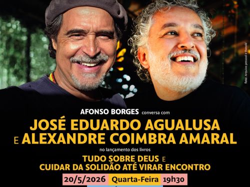 Foto de divulgação do "Sempre um papo", contendo foto do participante José Eduardo Agualusa junto com Alexandre Coimbra do Amaral