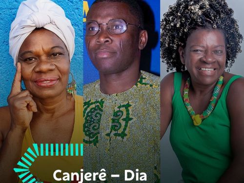Foto de capa de divulgação para o encontro "Canjerê- Dia Internacional da África" ,contendo data e horário para o evento 