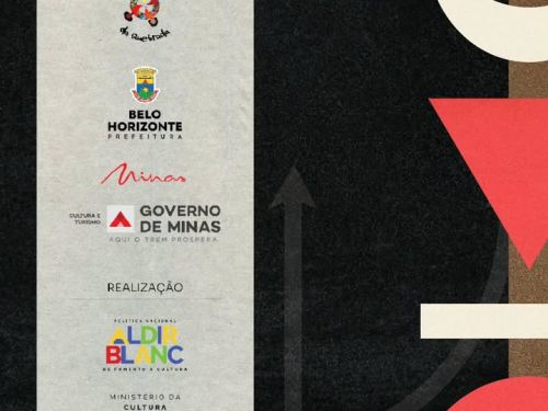 Cartaz com fundo grafite escuro. À esquerda, uma grande faixa vertical bege reúne os logotipos institucionais de "APOIO" (Mulheres da Quebrada, Prefeitura de Belo Horizonte e Governo de Minas) e "REALIZAÇÃO" (Lei Aldir Blanc, Ministério da Cultura e Governo Federal). Ao fundo, há a silhueta cinza de um tridente. Na lateral direita, repete-se a coluna de formas geométricas coloridas: círculo azul, lua branca, triângulo vermelho, bloco branco e semicírculo vermelho.