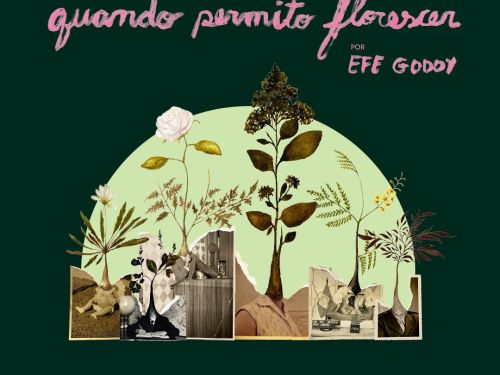 Foto de capa com fundo verde escuro, titulo "Reflorestar, quando permito florescer" em rosa, foto central de flores renascendo de sujeitos abstratos, data e local do evento situado na parte inferior da foto em rosa 
