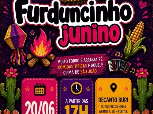 Este cartaz vertical anuncia o evento "Furduncinho Junino" utilizando uma identidade visual bastante colorida, vibrante e festiva sobre um fundo roxo texturizado com padrões de espirais. No topo, decorado por um varal de bandeirinhas juninas xadrez nas cores rosa e amarelo com pequenas lâmpadas acesas nas pontas, destaca-se um grande chapéu de palha caipira com fita rosa. O título principal aparece logo abaixo em letras garrafais e arredondadas nas cores branco e rosa com contorno preto. No centro da compos