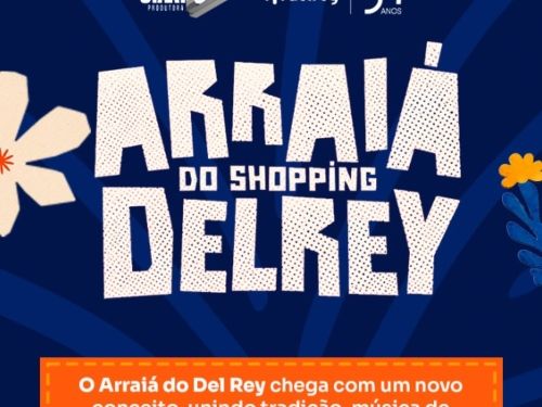 Este cartaz vertical anuncia o "Arraiá do Shopping Del Rey" utilizando uma identidade moderna sobre um fundo azul-escuro com raios de luz sutis e ilustrações florais simples nas laterais. No topo, decorado com bandeirinhas laranjas, aparecem as marcas dos realizadores: Start 31 Produtora e o selo de 35 anos do Shopping Delrey. O centro é dominado pelo título do evento em letras brancas garrafais com uma textura quadriculada rústica. Na metade inferior, uma grande caixa de texto laranja com borda tracejada a