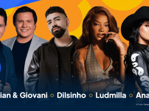 Este é um banner promocional de um evento gratuito com grandes nomes da música brasileira. A imagem apresenta, da esquerda para a direita, a dupla sertaneja Gian & Giovani, o cantor de pagode Dilsinho, e as cantoras Ludmilla e Ana Castela. O design utiliza um fundo azul com detalhes vibrantes em laranja e amarelo, destacando um selo no canto inferior esquerdo que identifica a gratuidade do evento através de um ícone de ingresso. Os nomes das atrações aparecem centralizados na base em letras brancas.