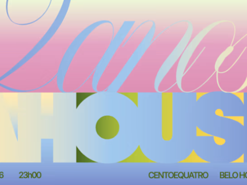Cartaz horizontal colorido. Na parte superior (rosa), a palavra "Lamas" em letras finas e cursivas azuis. Na parte inferior (blocos coloridos), a palavra "HOUSE" em letras azuis bem grossas e quadradas. No rodapé azul, as informações: 09 05 2026 | 23h00 | CENTOEQUATRO | BELO HORIZONTE.
