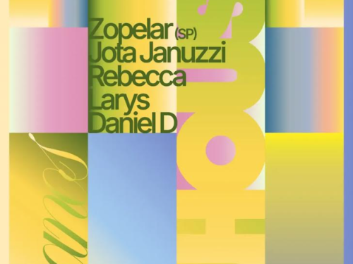 Cartaz vertical colorido em blocos geométricos (verde, amarelo, azul e rosa). No centro-esquerda, a lista de atrações em letras verdes: **Zopelar (SP), Jota Januzzi, Rebecca, Larys, Daniel D**. À direita, a palavra **"HOUSE"** gigante na vertical e, no canto inferior esquerdo, a palavra **"Lamas"** em fonte cursiva fina. No rodapé, as informações: **09/05 23H00 | CENTOEQUATRO | AV DO CONTORNO 900 | BELO HORIZONTE