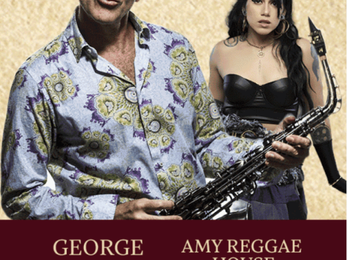 Cartaz com fundo bege texturizado mostrando dois músicos. À esquerda, o saxofonista George Israel de óculos escuros e camisa estampada. À direita, ao fundo, uma cantora caracterizada como Amy Winehouse. Na metade inferior, uma faixa cor de vinho traz o texto em letras douradas: GEORGE ISRAEL (KID ABELHA) | AMY REGGAE HOUSE (ELEITO O MELHOR SHOW TRIBUTO DO MUNDO) e, mais abaixo, o nome do local ou evento: NO LABEL.
