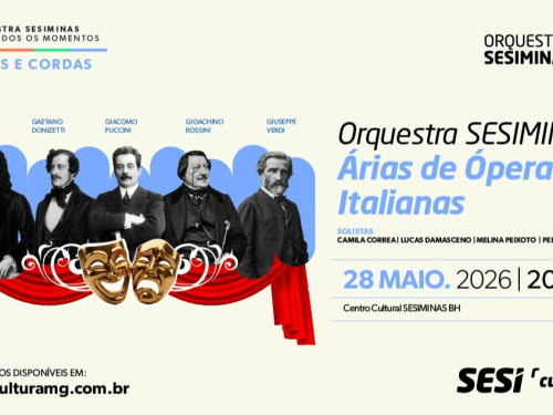 O anúncio, em celebração aos 40 anos da orquestra, apresenta um design elegante sobre fundo claro. À esquerda, ilustrações clássicas de cinco compositores famosos (Pergolesi, Donizetti, Puccini, Rossini e Verdi) aparecem acima de duas máscaras teatrais douradas e uma cortina vermelha. À direita, o texto destaca o evento para o dia 28 de maio de 2026, às 20h30, no Centro Cultural SESIMINAS BH. Também são listados os solistas Camila Correa, Lucas Damasceno, Melina Peixoto e Pedro Viana. No rodapé, encontra-se