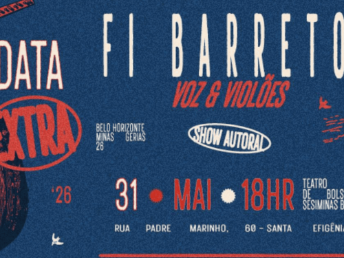 O anúncio possui uma estética retrô e ruidosa, com fundo azul-escuro e detalhes em vermelho e bege. À esquerda, há a ilustração estilizada de um violão e o destaque para a "DATA EXTRA". No centro, as informações principais indicam que o evento ocorrerá no dia 31 de maio, às 18h, no Teatro de Bolso Sesiminas BH (Rua Padre Marinho, 60 - Santa Efigênia). O design inclui pequenas silhuetas de pássaros e uma tipografia alongada, reforçando o tom artístico do show.