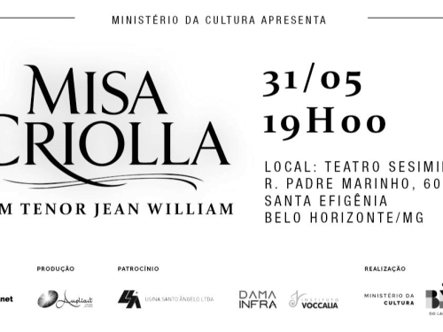 O anúncio apresenta um design limpo e clássico, com fundo branco e letras pretas. À esquerda, destaca-se o título da obra com uma tipografia elegante e o nome do solista. À direita, as informações detalham que o evento será no dia 31 de maio, às 19h, no Teatro Sesiminas (Rua Padre Marinho, 60 - Santa Efigênia, Belo Horizonte). No rodapé, constam as marcas dos apoiadores e realizadores, incluindo a Lei Rouanet e o Governo Federal. O cartaz é emoldurado por grafismos delicados nas bordas laterais.