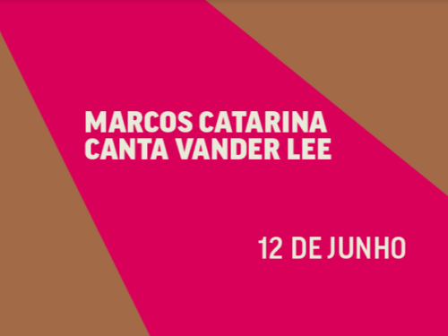 A imagem horizontal apresenta um fundo marrom cortado diagonalmente por uma grande faixa central rosa-choque. Sobre a parte rosa, destaca-se o texto em letras maiúsculas brancas: "MARCOS CATARINA CANTA VANDER LEE", seguido mais abaixo pela data "12 DE JUNHO".