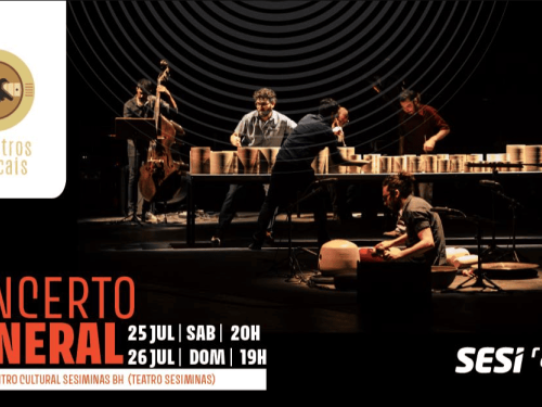 O anúncio apresenta um fundo preto com uma imagem centralizada de músicos no palco utilizando instrumentos de percussão não convencionais dispostos sobre uma longa mesa, acompanhados por um contrabaixo ao fundo. No canto superior esquerdo, há um selo branco com o logotipo do projeto "Encontros Musicais" (duas mãos se cumprimentando). No canto inferior esquerdo, destaca-se o título em letras garrafais laranjas e brancas, informando as datas: 25 de julho (sábado) às 20h e 26 de julho (domingo) às 19h, no Cent