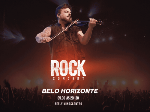 O anúncio apresenta um fundo escuro e atmosférico de um show de grande porte, iluminado por feixes de luz de palco. No centro superior, destaca-se um músico tocando um violino elétrico com os olhos fechados, vestindo um colete preto sem mangas. Logo abaixo dele, o título "ROCK CONCERT" aparece em letras brancas estilizadas com textura. Na parte inferior, sobreposta à silhueta do público com os braços levantados, encontram-se as informações do evento: Belo Horizonte, 05.06 às 20h30, no BeFly Minascentro.