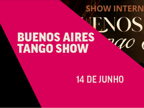 Banner digital com corte diagonal. O lado esquerdo é preto e o centro é preenchido por uma faixa rosa vibrante com o texto em letras brancas: "BUENOS AIRES TANGO SHOW" e a data "14 DE JUNHO". O canto superior direito mostra um fundo dourado e escuro com a silhueta de um casal dançando e o título "SHOW INTERNACIONAL BUENOS AIRES Tango Show".
