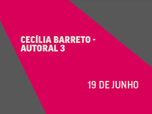 Banner digital com corte diagonal. As laterais são cinzas e o centro traz uma grande faixa rosa vibrante. No meio, estão os textos em letras brancas: "CECÍLIA BARRETO - AUTORAL 3" e a data "19 DE JUNHO".