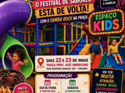 O cartaz de divulgação do festival apresenta um visual alegre, colorido e festivo, ambientado no que parece ser um evento noturno decorado com bandeirinhas e luzes no topo, além de um globo espelhado brilhante no canto superior direito. No topo esquerdo, destaca-se o logotipo circular verde e amarelo com o nome do evento principal, Festival de Sabores na Praça. Logo ao lado, em letras garrafais amarelas com contorno escuro, lê-se a chamada Alô Caiçara!, seguida pelas frases destacadas em faixas vermelhas e 