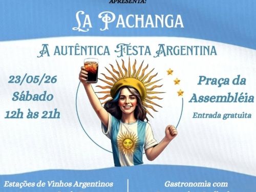 O cartaz de divulgação do evento apresenta um fundo estruturado nas cores azul-claro e branco, que remetem à bandeira da Argentina. Na parte superior central, destaca-se um logotipo circular preto com as inscrições "PROJETO bh" e "CULT", seguido imediatamente abaixo pela palavra "APRESENTA:". Centralizado no topo da composição principal, o título do evento aparece em destaque com a inscrição "LA PACHANGA", acompanhado logo abaixo pelo subtítulo "A AUTÊNTICA FESTA ARGENTINA". No centro do cartaz, há uma ilu