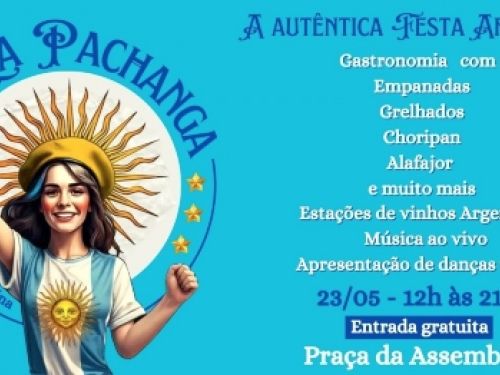 O cartaz de divulgação do evento apresenta um fundo estruturado nas cores azul-claro e branco, que remetem à bandeira da Argentina. Na parte superior central, destaca-se um logotipo circular preto com as inscrições "PROJETO bh" e "CULT", seguido imediatamente abaixo pela palavra "APRESENTA:". Centralizado no topo da composição principal, o título do evento aparece em destaque com a inscrição "LA PACHANGA", acompanhado logo abaixo pelo subtítulo "A AUTÊNTICA FESTA ARGENTINA". No centro do cartaz, há uma ilu