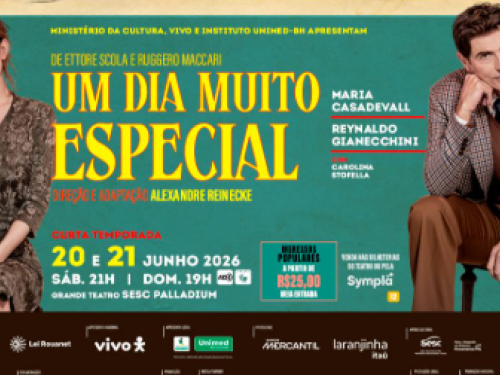 Cartaz promocional da peça teatral "Um Dia Muito Especial", com fundo verde-escuro. À esquerda, a atriz Maria Casadevall aparece sentada, usando um vestido floral escuro e expressão séria. À direita, o ator Reynaldo Gianecchini está sentado em uma cadeira de palha, vestindo terno quadriculado e gravata. O texto destaca a curta temporada no Grande Teatro Sesc Palladium nos dias 20 e 21 de junho de 2026, com ingressos populares via Sympla e recursos de acessibilidade no domingo.