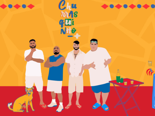Ilustração digital em estilo vetorizado sobre um fundo amarelo e chão vermelho. No centro, quatro homens que integram o grupo Menos é Mais aparecem de bermuda e roupas casuais de verão. No topo, lê-se o título "Churrasquinho" com letras coloridas e desalinhadas. Completando o cenário festivo, há elementos simples em traços coloridos: uma cadeira de plástico vermelha à esquerda, um cachorro vira-lata de óculos escuros sentado, uma mesa de bar com garrafa e copos ao centro, e uma caixa de som azul à direita.