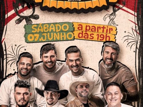 Este cartaz anuncia a festa junina "Arraiá do Granada 2025", apresentando uma estética rústica em tons de vermelho, amarelo e bege sobre um fundo texturizado. No topo, o título estilizado é emoldurado pelo desenho de uma sanfona e bandeirinhas que indicam o ano de 2025. Logo abaixo, faixas coloridas destacam a data e o horário do evento: sábado, 07 de junho, a partir das 19h, cercadas por pequenas ilustrações de fogueira e fogos de artifício. O centro é dominado pela foto de sete artistas sorridentes, algun