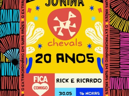 Este cartaz anuncia o evento "Junina Chevals 20 Anos", apresentando uma identidade visual vibrante e artesanal inspirada em grafismos indígenas e de xilogravura. O topo e as laterais são decorados com molduras geométricas multicoloridas, acompanhadas pela frase repetida "O extraordinário em suas raízes". No centro amarelo, destaca-se um símbolo de pássaro estilizado dentro de um círculo vermelho, logo acima do anúncio de aniversário de 20 anos da marca. A base do cartaz organiza as informações práticas: a d