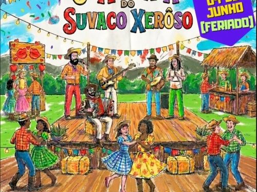 Este cartaz ilustrado anuncia o "6º Arraiá do Suvaco Xerôso" com uma estética lúdica e colorida de desenho feito à mão, simulando uma festa junina tradicional no campo. No topo, o título traz letras desenhadas em várias cores, acompanhado por um selo roxo no canto superior direito que destaca a data: "04 de Junho [Feriado]". O cenário principal mostra um grande piso de madeira ao ar livre, decorado com bandeirinhas e varais de luzes, onde vários casais sorridentes dançam quadrilha usando roupas típicas caip
