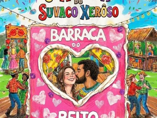 Este cartaz ilustrado mantém o título "6º Arraiá do Suvaco Xerôso" no topo, mas direciona o foco principal para a divulgação da "Barraca do Beijo". O centro da imagem é dominado por um grande painel rosa decorado com corações brancos, que traz um recorte central em formato de coração emoldurando a ilustração de um homem barbudo dando um beijo na bochecha de uma mulher sorridente. Ao fundo e nas laterais, a arte preserva o cenário festivo do campo visto no cartaz anterior, mostrando os casais dançando quadri