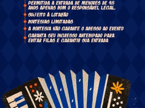 Este cartaz institucional apresenta avisos gerais e regras para um evento junino sobre um fundo azul-escuro com padrão geométrico de losangos. No topo, a palavra "INFORMAÇÕES" aparece em destaque com uma tipografia estilizada na cor amarela. Logo abaixo, uma lista vertical com pequenos marcadores laranjas traz avisos em letras brancas, informando sobre a obrigatoriedade de responsável legal para menores de 18 anos, a limitação por lotação, regras para cortesias e a recomendação de compra antecipada de ingre