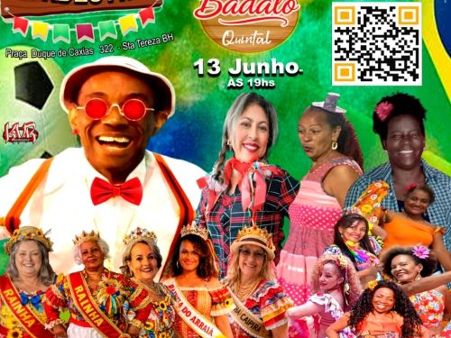 Este cartaz vertical anuncia o evento "Arraiá du Nordestino" integrado ao "Badalo Quintal", trazendo uma colagem fotográfica alegre e colorida sobre um fundo texturizado nas cores verde e amarelo da bandeira do Brasil. No topo esquerdo, uma placa de madeira estilizada mostra o título principal, acompanhado pelas bandeirinhas juninas e pelo endereço na Praça Duque de Caxias, em Santa Tereza - BH. No centro, destaca-se a data de 13 de Junho às 19hs, cercada pela foto de um homem sorridente de óculos vermelhos