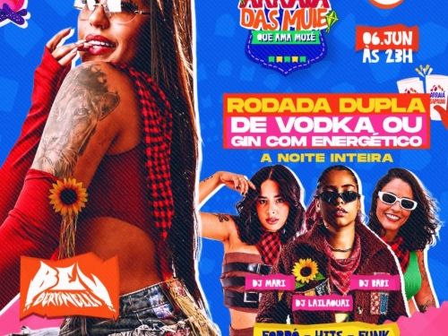 Este cartaz vertical promove uma edição especial do evento "Arraiá das Muié que Ama Muié", mantendo a identidade visual colorida e representativa com a faixa de bandeiras LGBTQIA+ no topo e o fundo azul-claro com padrão de bandeirinhas. O lado esquerdo é dominado pela foto em destaque de uma mulher de óculos escuros e blusa vermelha com estampa xadrez, posicionada logo acima do selo laranja da atração Bel Bertinelli. No centro, abaixo do logotipo do evento e da data de 06 de Junho às 23h, uma grande faixa r