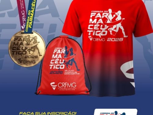Banner de divulgação do kit do evento, com informações sobre inscrição. Fundo azul, com imagem do kit: camiseta, bolsa e medalha e textos em branco, azul e amarelo. 