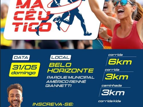 Banner de divulgação do evento em fundo azul e imagem de corredores. Textos em amarelo, branco e vermelho, com informações sobre data, local, modalidades e inscrições. 