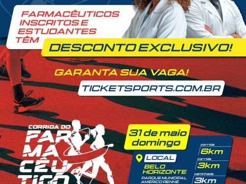 Banner de divulgação do evento em fundo azul e vermelho e imagem de farmacêuticos de jalecos. Textos em amarelo, branco, azul e vermelho, com informações sobre inscrições. 