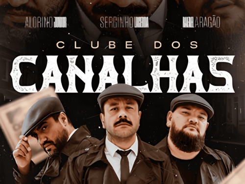 Foto de capa de divulgação para o stand-up "Clube dos Canalhas" com titulo centralizado em branco junto a foto dos 3 artistas. Na parte inferior contém a data e local do evento