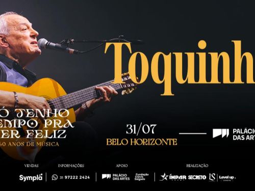 Foto de divulgação do show de turne do cantor Toquinho, contem foto do cantor centralizada e informações como data e local para o evento