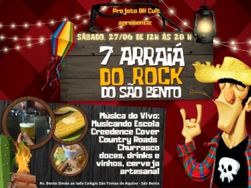 Cartaz horizontal com fundo xadrez vermelho e preto. No topo, uma placa de madeira rústica, pendurada por cordas e iluminada por uma lamparina e luzes pisca-pisca, traz o texto: "Sábado, 27/06 de 12h às 20h — 7º Arraiá do Rock do São Bento". À esquerda, um balão junino colorido flutua sobre a placa. No lado direito, destaca-se a ilustração de um caipira de olhos fechados, vestindo camisa xadrez sobre uma camiseta preta com estampa de caveira, fazendo o sinal do rock com a mão, ao lado de um girassol.