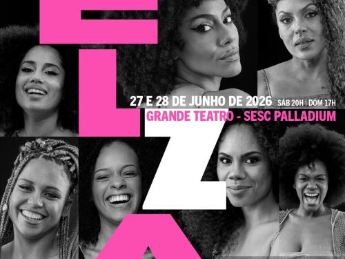 Foto de capa de divulgação para o musical "Elza" contendo foto das integrantes, data e local do evento