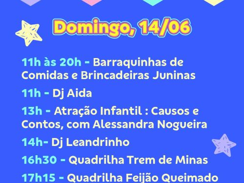 Foto da programação do arraial no domingo, 14/06