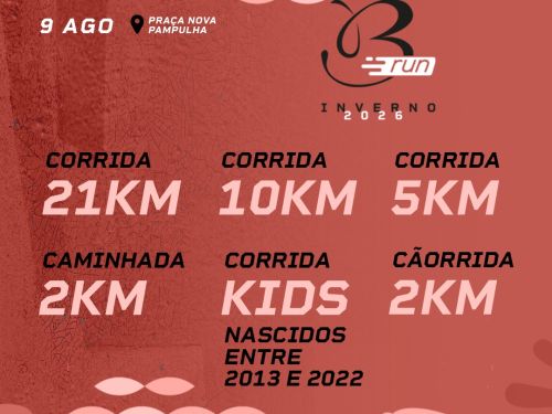 Pôster informativo do evento "B Run Inverno 2026". Com fundo em tons de rosa e terracota, o cartaz indica o dia 9 de agosto na Praça Nova Pampulha e lista as modalidades disponíveis: corridas de 21KM, 10KM e 5KM; caminhada de 2KM; corrida Kids (nascidos entre 2013 e 2022) e cãorrida de 2KM. A barra preta inferior destaca o site tbhesportes.com.br para inscrições e as marcas dos patrocinadores, como Unimed Belo Horizonte e Empório B.