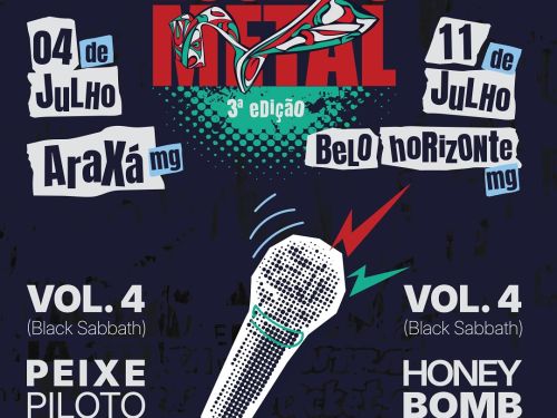 Foto de capa de divulgação do "Rock no Metal", contendo foto de um microfone no centro da imagem, as participações no lado inferior direito e o dia do evento na parte superior direita