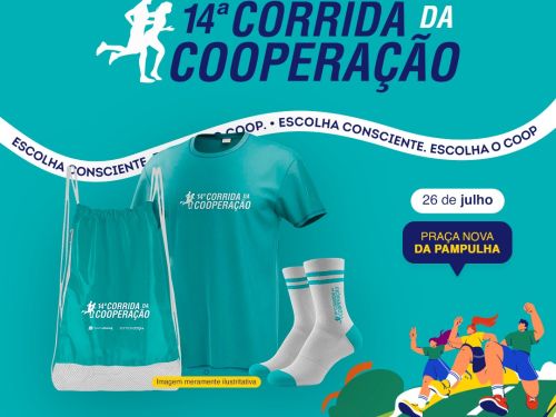 Cartaz com fundo azul-turquesa divulgando a 14ª Corrida da Cooperação, que acontecerá no dia 26 de julho na Praça Nova da Pampulha. No centro, é exibido o kit oficial do evento em tom verde-água, contendo uma mochila saco, uma camiseta e um par de meias. No canto inferior direito, há uma ilustração colorida de três pessoas correndo e, no rodapé, as marcas dos realizadores (Sistema Ocemg e SomosCoop) e da organizadora (TBH Esportes).