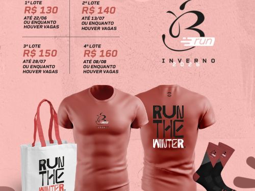 Pôster de divulgação dos lotes e kit da corrida "B Run Inverno 2026", marcada para 9 de agosto na Praça Nova Pampulha. O cartaz detalha os valores das inscrições: 1º Lote por R$ 130 (até 22/06), 2º Lote por R$ 140 (até 13/07), 3º Lote por R$ 150 (até 28/07) e 4º Lote por R$ 160 (até 08/08). No centro, ilustra os itens do kit com a frase "Run The Winter": uma ecobag branca, a camiseta oficial terracota (frente/verso) e meias esportivas, além do aviso "Mais brindes em breve". O rodapé preto indica o site tbhe
