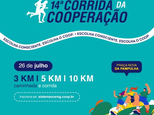 Cartaz publicitário em tons de azul e verde sobre a "14ª CORRIDA DA COOPERAÇÃO". O topo traz o título com o ícone de um casal correndo. O centro destaca as informações: data "26 de julho", local "PRAÇA NOVA DA PAMPULHA", as modalidades "3 KM | 5 KM | 10 KM - caminhada e corrida" e o site para inscrições. A base mostra uma ilustração colorida de três pessoas correndo alegremente e as marcas dos realizadores e organizadores.