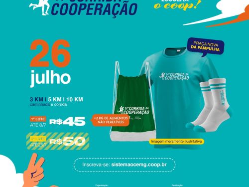 Cartaz com fundo azul-turquesa divulgando as inscrições para a 14ª Corrida da Cooperação, que acontece em 26 de julho na Praça Nova da Pampulha, com percursos de 3 km, 5 km e 10 km. À esquerda, aparecem os valores: 1º lote por R$ 45 (até 8/7) e 2º lote riscado por R$ 50 (até 25/7), além da observação de doar + 2 kg de alimentos não perecíveis. Ao centro, é exibido o kit com camiseta verde-água, mochila saco verde-escura e meias brancas. Na parte inferior, destaca-se o site de inscrição sistemaocemg.coop.br 