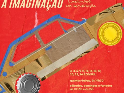 Foto de capa para o ateliê "Acelerando a Imaginação". Na imagem, fundo vermelho com um carrinho formado por materiais reciclados, constando data, horario para o evento e o local 