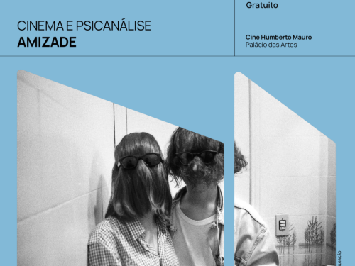 Foto de capa de divulgação para o filme "Amizade", no dia 12 de junho no cine humberto. No centro, foto de um homem e uma mulher com o cabelo tampando a cara enquanto usam óculos escuro 