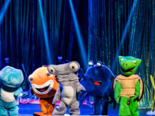Foto de uma apresentação teatral infantil no palco. Ao centro, seis atores vestem fantasias grandes e coloridas de animais marinhos: um golfinho cinza, um peixe azul, um peixe-palhaço laranja, um tubarão-martelo cinza, um caranguejo azul-escuro e uma tartaruga verde. No canto direito, uma atriz caracterizada como pirata segura um instrumento musical. O cenário ao fundo tem cortinas brilhantes esverdeadas iluminadas por feixes de luz azul.