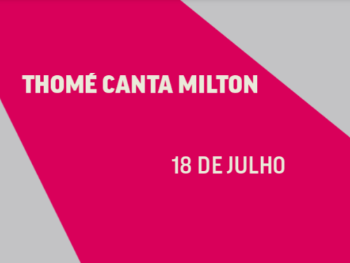 Banner retangular com design minimalista dividido por faixas diagonais. O fundo das extremidades esquerda e direita é cinza-claro. No centro, destaca-se uma larga faixa diagonal na cor magenta vibrante, contendo o texto informativo em letras brancas de formato reto: na parte superior lê-se "THOMÉ CANTA MILTON" e, abaixo, a data "18 DE JULHO".